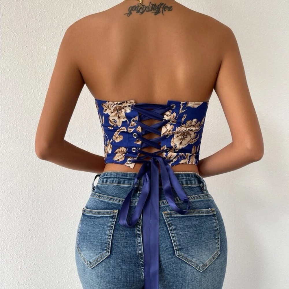 Boho black floral print lace up back satin bustier corset tube top - Picture 14 of 16